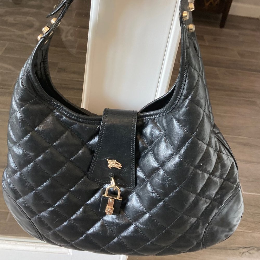 Burberry Quilted Nylon Brooke Black Leather Hobo Shoulder Handbag